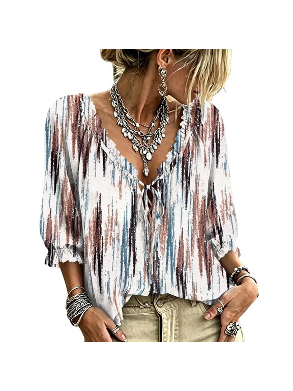 Womens Tops Vintage Floral Print Ruffle Trim Tie Front Deep V Neck Loose Fit Comfort Blouses Puff 3/4 Sleeve Casual Vacation Tops Light Gray S