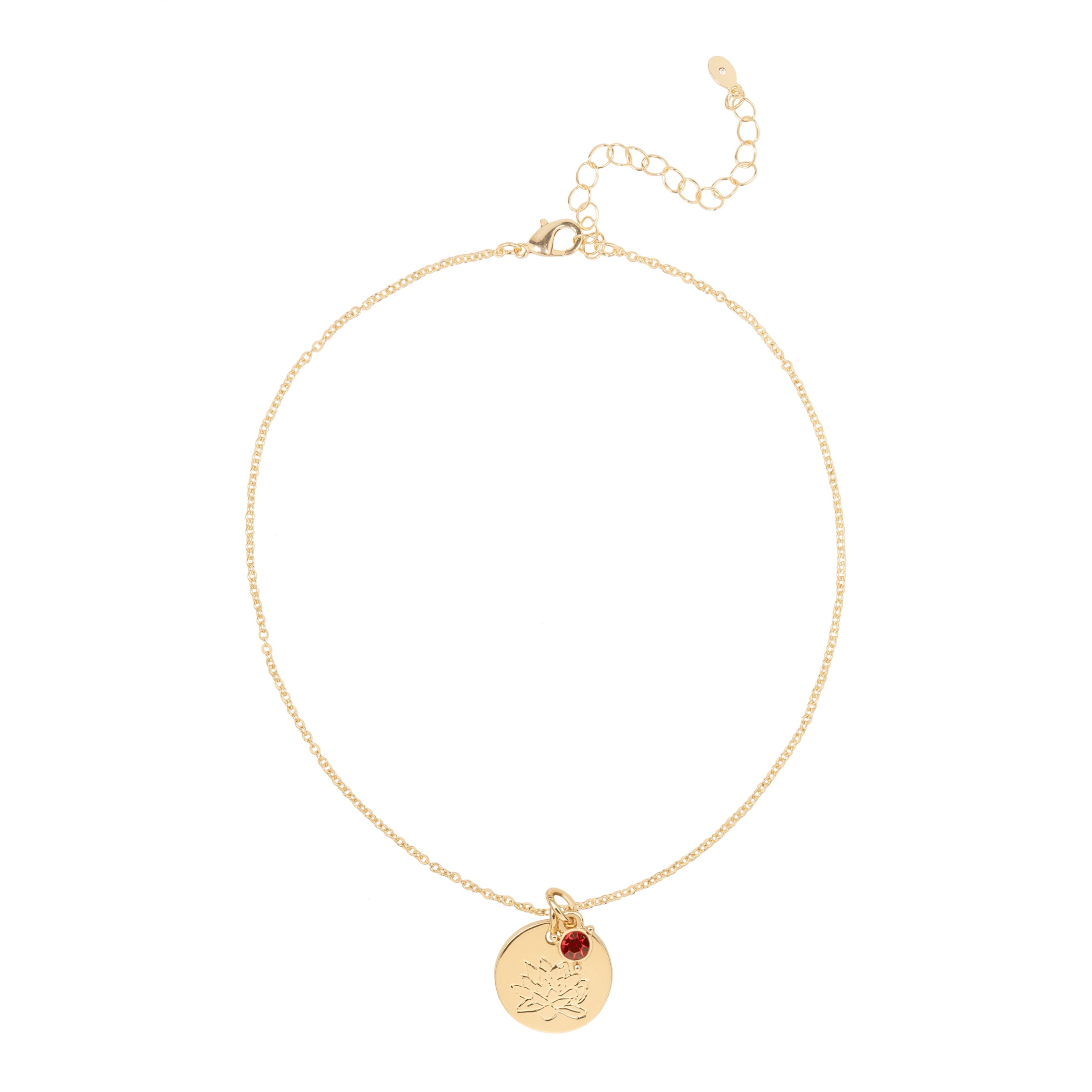 Time and Tru Women’s July Birthstone Necklace, Gold Tone Chain with Light Siam Stone & Water Lily Flower