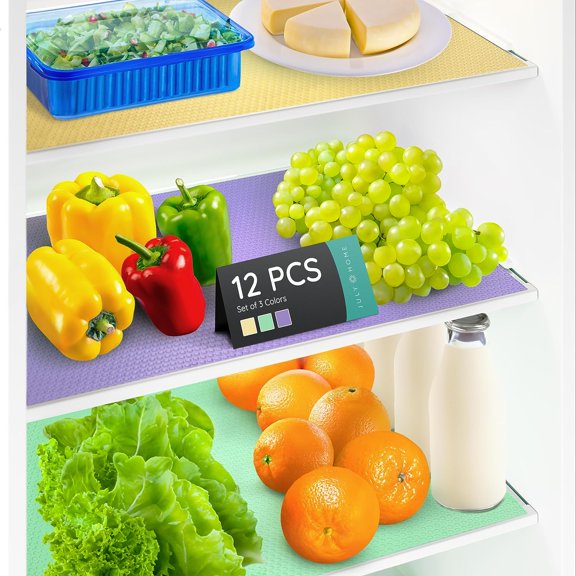 JULY HOME Refrigerator Shelf Liners, Fridge Organizers & Storage, Fridge Mats for Fruit and Vegetables, Washable Fridge & Drawers Liners, Protects Against Spills, Slip Resistant (12 Pack, 17.7"x11.4")