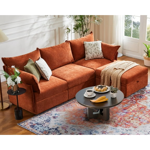 JULY'S SONG 102.6" Luxury Sectional Sofa Set, Cloud Couch Modular Sectionals for Living Room, Comfy L Shaped Couches and Sofas with Movable Storage Ottoman - Terracotta