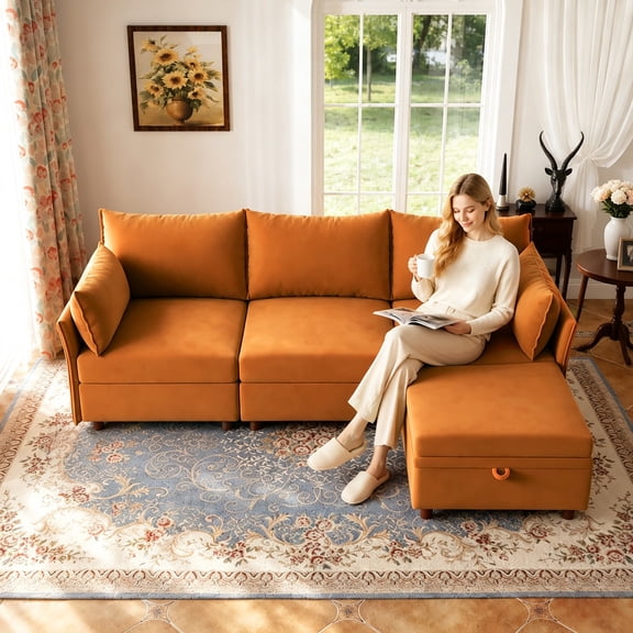 JULY'S SONG 103" Modular Sectional Sofa with Movable Storage Ottoman, Modern Chenille L-Shaped Cloud Couch for Living Room, Apartment, Orange
