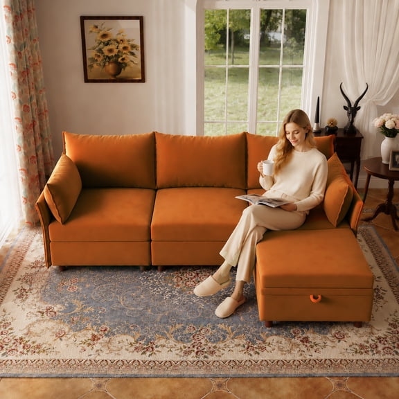 JULY'S SONG 103" Modular Sectional Sofa with Movable Storage Ottoman, Modern Chenille L-Shaped Cloud Couch for Living Room, Apartment, Orange