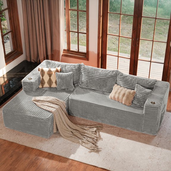 JULY'S SONG 108" L-Shaped Plush Modular Sectional Sofa, Modern Flannel Upholstered Boneless Couch with Deep Seat, No Assembly Couches and Sofas for Living Room, Left Facing Chaise, Light gray