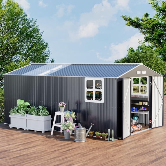 JULY'S SONG 10X16FT Outdoor Storage Shed, Metal Shed with Windows & Lockable Doors for Lawn, Black