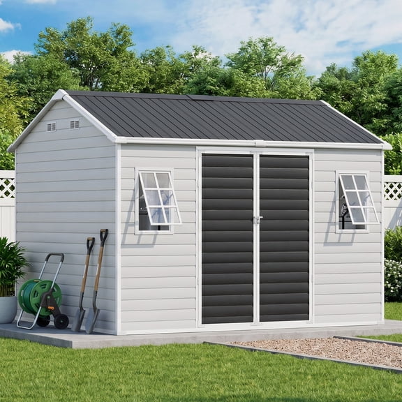 JULY'S SONG 10x8 FT Outdoor Storage Shed with Openable Windows, Large Heavy Duty Resin Sheds with Floor & Lockable Doors, Plastic Storage Cabinets for Outside, Grey
