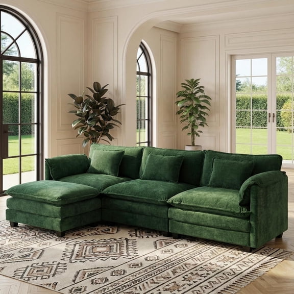 JULY'S SONG 113" L Shaped Couch Set, Deep Seat Modular Sectional Sofa with Movable Ottoman, Plush Couches and Sofas Detachable Cushions, Chenille Sectionals for Living Room, Green
