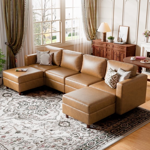 JULY'S SONG 118.5" Leather Modular Sectional Sofa with Storage Ottoman, Oversized U-Shaped Couch with Storage Seat, 6 Seater Couch for Living Room, Brown