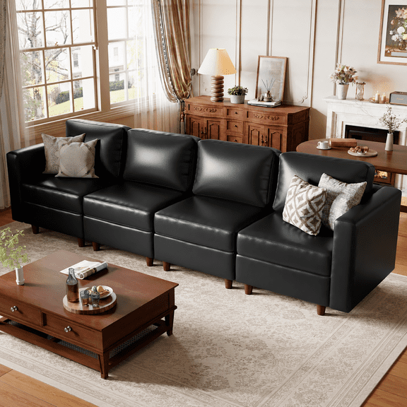 JULY'S SONG 118.5" Leather Sectional Sofa, Oversized Modular Couch with Storage Seat, 4 Seater Couch for Living Room, Black
