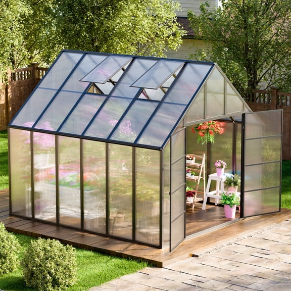 JULY'S SONG 12'x10' Outdoor Greenhouse Kit, Polycarbonate Green House for Outside w/Vent Window, Aluminum Heavy Duty Green Houses with Reinforce Connector, Lockable Walk In Greenhouses for Patio