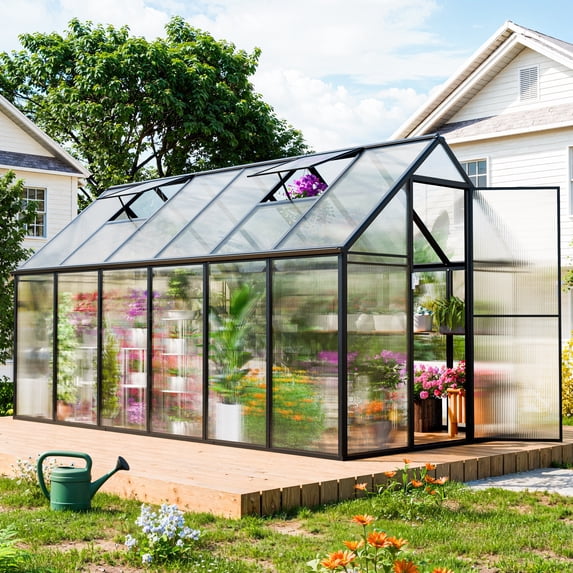 JULY'S SONG 12'x6' Outdoor Greenhouse Kit, Polycarbonate Green House for Outside w/Vent Window, Aluminum Heavy Duty Green Houses with Reinforce Connector, Lockable Walk In Greenhouses for Patio