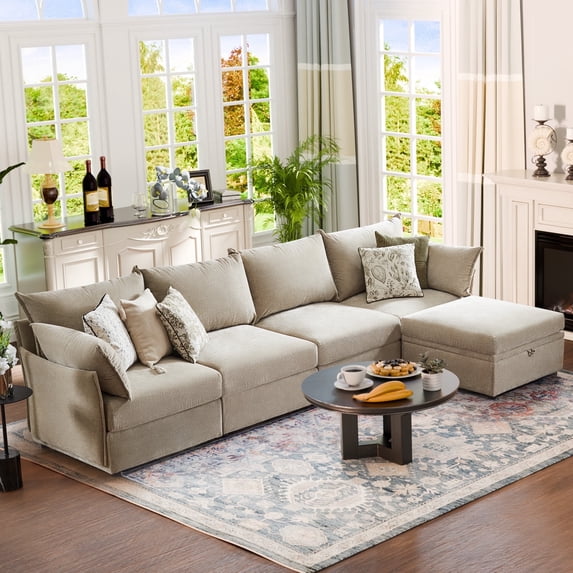 JULY'S SONG 134.6" Luxury Sectional Sofa Set, Cloud Couch Modular Sectionals for Living Room, Comfy L Shaped Couches and Sofas with Movable Storage Ottoman - Beige