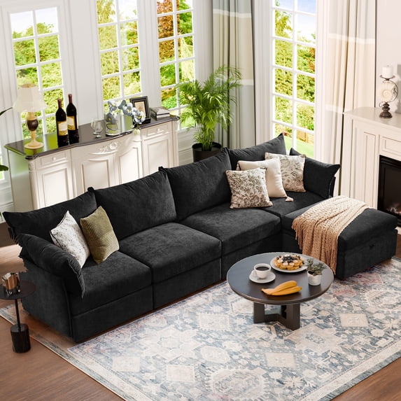 JULY'S SONG 134.6" Luxury Sectional Sofa Set, Cloud Couch Modular Sectionals for Living Room, Comfy L Shaped Couches and Sofas with Movable Storage Ottoman - Black