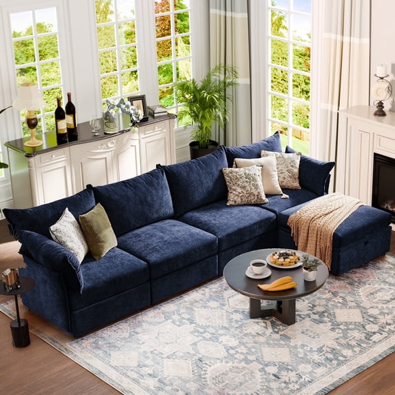 JULY'S SONG 134.6" Luxury Sectional Sofa Set, Cloud Couch Modular Sectionals for Living Room, Comfy L Shaped Couches and Sofas with Movable Storage Ottoman - Navy