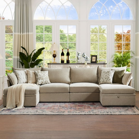 JULY'S SONG 134.6" Luxury Sectional Sofa Set, Cloud Couch Modular Sectionals for Living Room, Comfy U Shaped Couches and Sofas with Movable Storage Ottoman - Beige