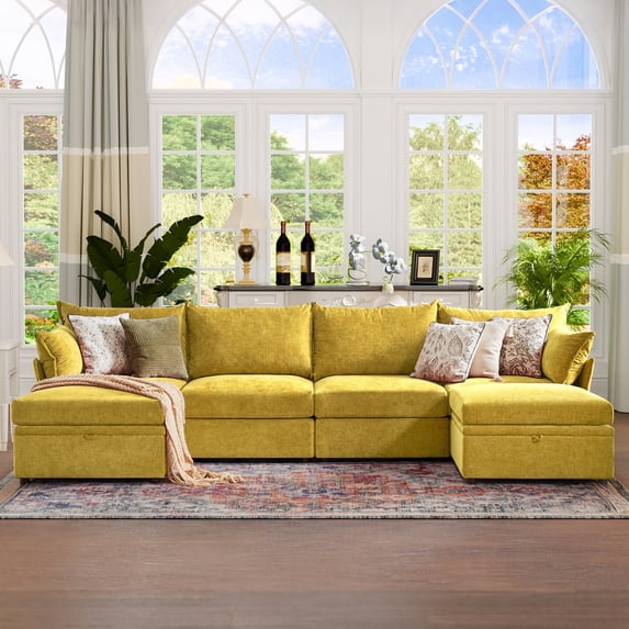 JULY'S SONG 134.6" Luxury Sectional Sofa Set, Cloud Couch Modular Sectionals for Living Room, Comfy U Shaped Couches and Sofas with Movable Storage Ottoman - Yellow