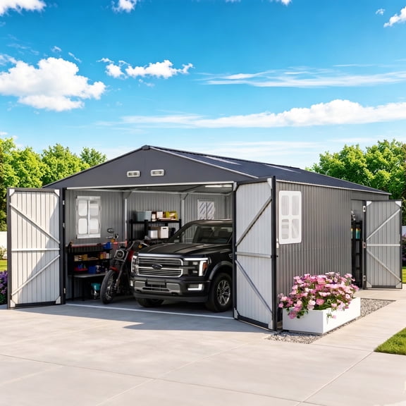 JULY'S SONG 13x20 FT Outdoor Metal Storage Shed, Extra Large Galvanized Steel Shed with Lockable Dual Doors, Window & Skylight Roof, Heavy Duty Metal Shed for Outside