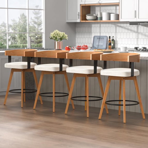JULY'S SONG 26" Swivel Counter Height bar stools with Back Sets of 4, Comfortable Chenille Upholstered Barstools with Integrated Arc-Shaped Armrest, Beige