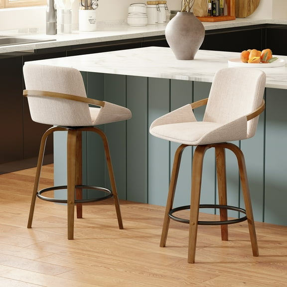 JULY'S SONG 26" Swivel Counter Height Bar Stools with Back Sets of 2, Mid Century Barstools with Wooden Legs, Beige
