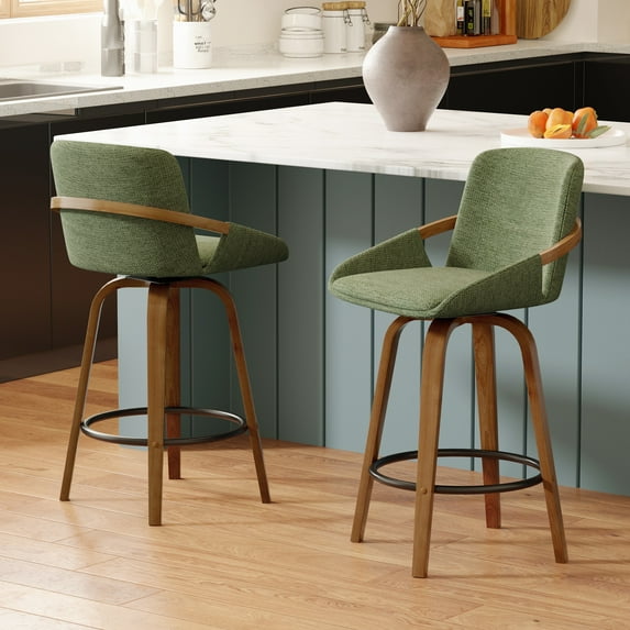 JULY'S SONG 26" Swivel Counter Height Bar Stools with Back Sets of 2, Mid Century Barstools with Wooden Legs, Green