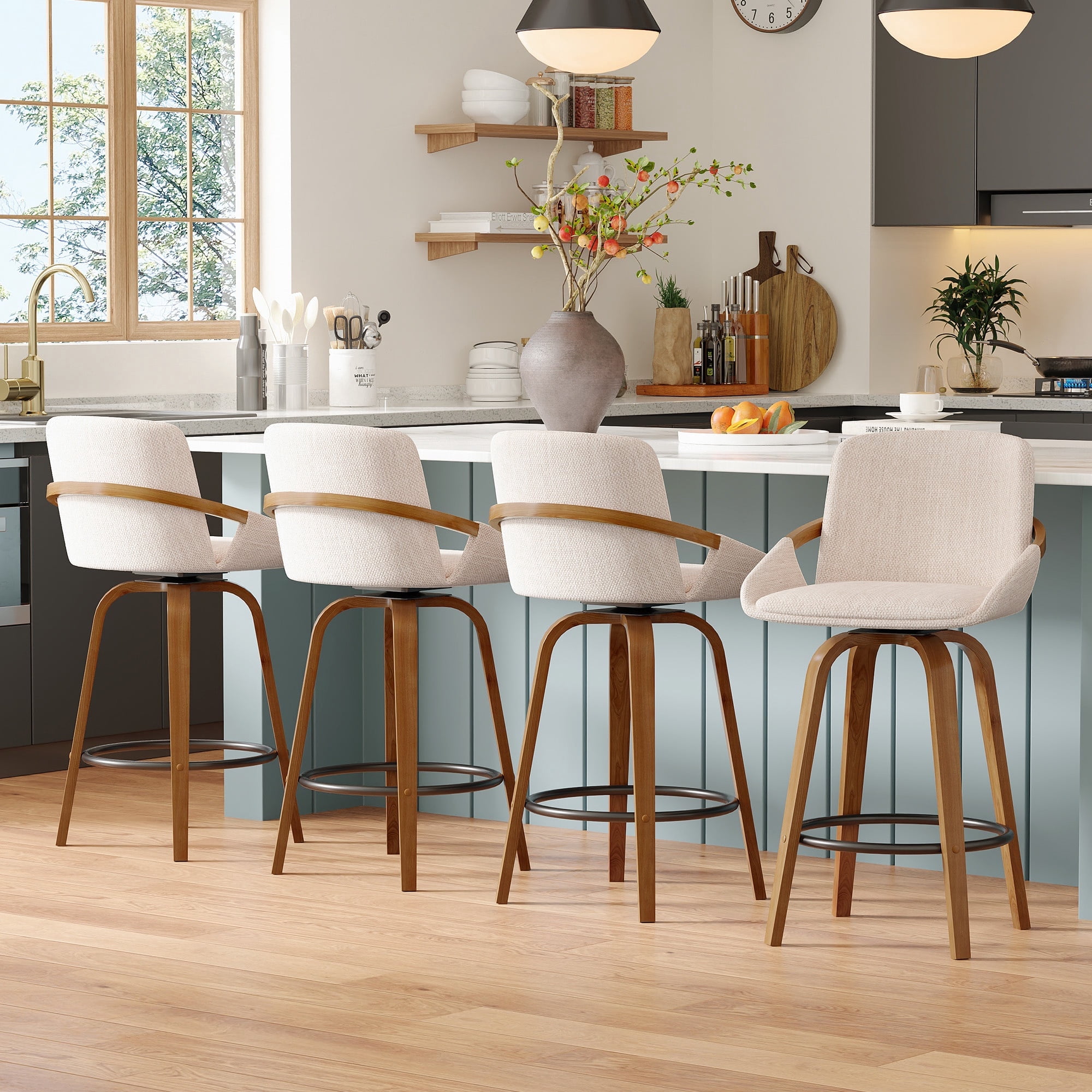 JULY'S SONG 26" Swivel Counter Height Bar Stools with Back Sets of 4, Mid Century Barstools with Wooden Legs, Beige