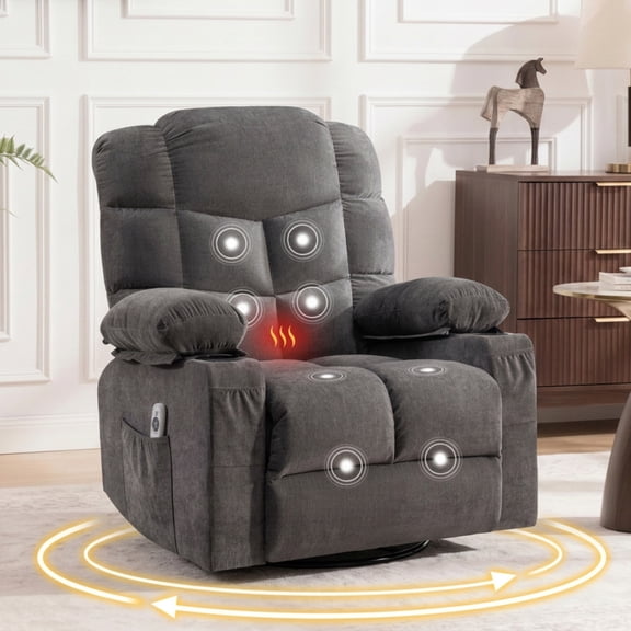 JULY'S SONG 360° Swivel Rocker Recliner Chair with Heat and Massage, Manual Reclining Chair with Cup Holders & USB Port for Living Room, Gray