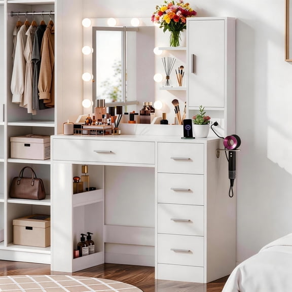 JULY'S SONG 37" White Vanity Desk with Mirror and Lights Makeup Vanity Table with 5 Drawers & Storage Shelves Cabinet, Dressing Table with Power Outlet for Bedroom Dressing Room