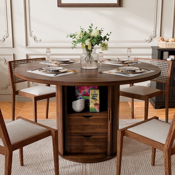 JULY'S SONG 47" Round Dining Table for 4, Circle Kitchen Table with Hidden Storage & Sliding Door, Dinner Table, Modern Farmhouse Dining Room Table for Kitchen Living Room ,Walnut