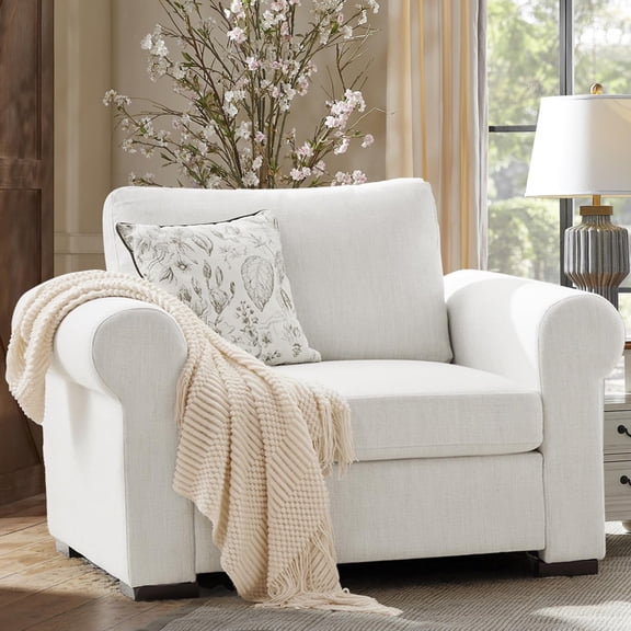 JULY'S SONG 47" W Oversized Accent Chair with Rounded Arms - Solid Wood Frame Linen Comfy Chair with High Resilient Cushion, Removable Cover, Reading Chairs in Living Room Bedroom(White)