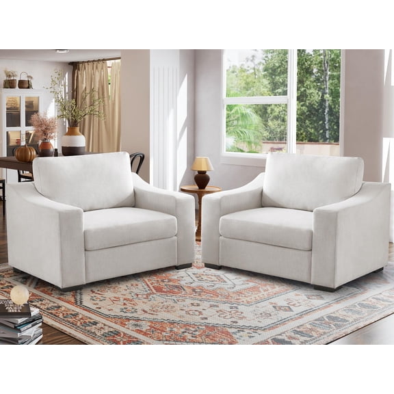 JULY'S SONG 47" W Accent Chair and A Half, Modern Oversized Reading Chair, Linen Fabric Living Room Chairs in Extra Wide Seat, Comfy Chair with Washable Covers, Cream White, Set of 2