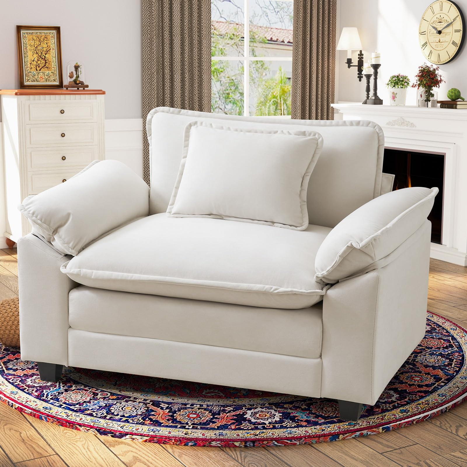 CDCASA 49.5" W Oversized Accent Chair, Chenille Cloud Sofa Chairs in Living Room, Comfy Reading Chair with Deep Seat, Modern Armchair in Extra Wide Armrests,Beige