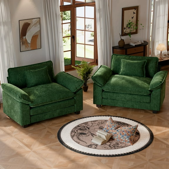 JULY'S SONG 49.5" W Oversized Accent Chairs for Living Room Set of 2, Chenille Cloud Comfy Chair with Deep Seat and Extra Wide Armrests, Chenille Cloud Oversized Chair for Bedroom,Green