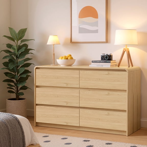 JULY'S SONG 6 Drawer Dresser with Smooth Curved Edges, Handless Wood Dressers for Bedroom, Chest of Drawers for Living Room, Light Brown
