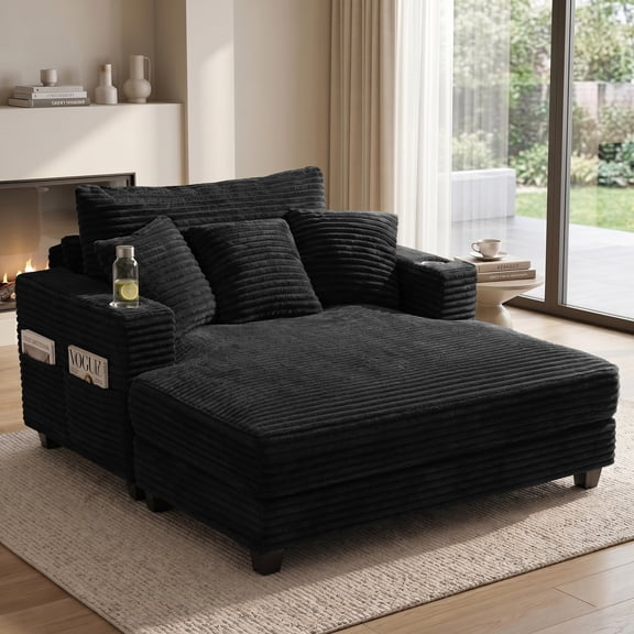 JULY'S SONG 60" Oversized Chaise Lounge Chair Indoor with Wooden Frame, Upholstered Sofa Bed with 4 Storage Pockets & 2 Cup Holders, Comfy Sleeper Chair with USB Port for Living Room, Bedroom, Black