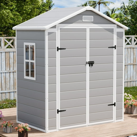 JULY'S SONG 6x3 FT Resin Shed, All-Weather Plastic Storage Shed with Floor, Lockable Outdoor Sheds, Waterproof Garden Tool Shed for Backyard, Gray