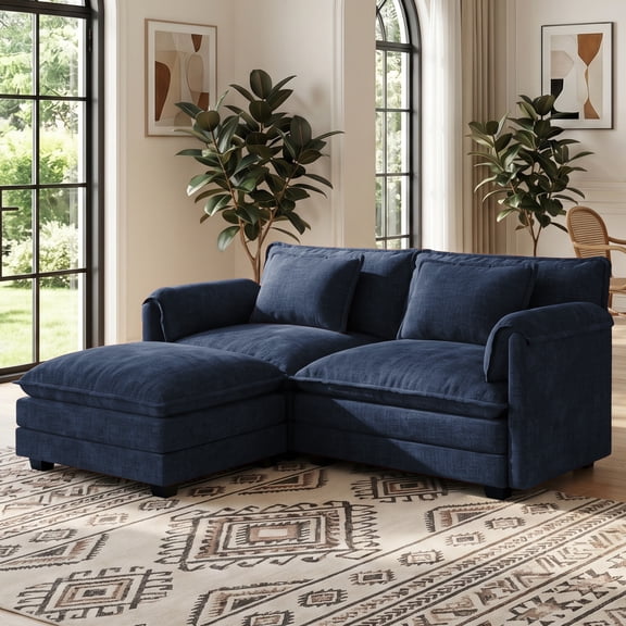 JULY'S SONG 79" L Shaped Couch Set, Deep Seat Modular Sectional Sofa with 1Movable Ottoman, Plush Couches and Sofas Detachable Cushions, Chenille Sectionals for Living Room, Blue