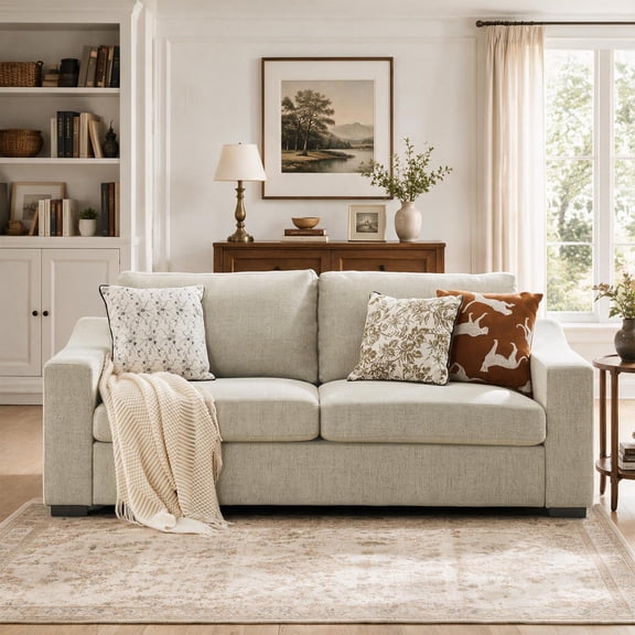JULY'S SONG 83" Modern Sofa, Oversize Couches for Living Room with Deep Seat, 3 Seater Linen Loveseat for Bedroom, Big Comfy Love Seat for Apartment, Beige