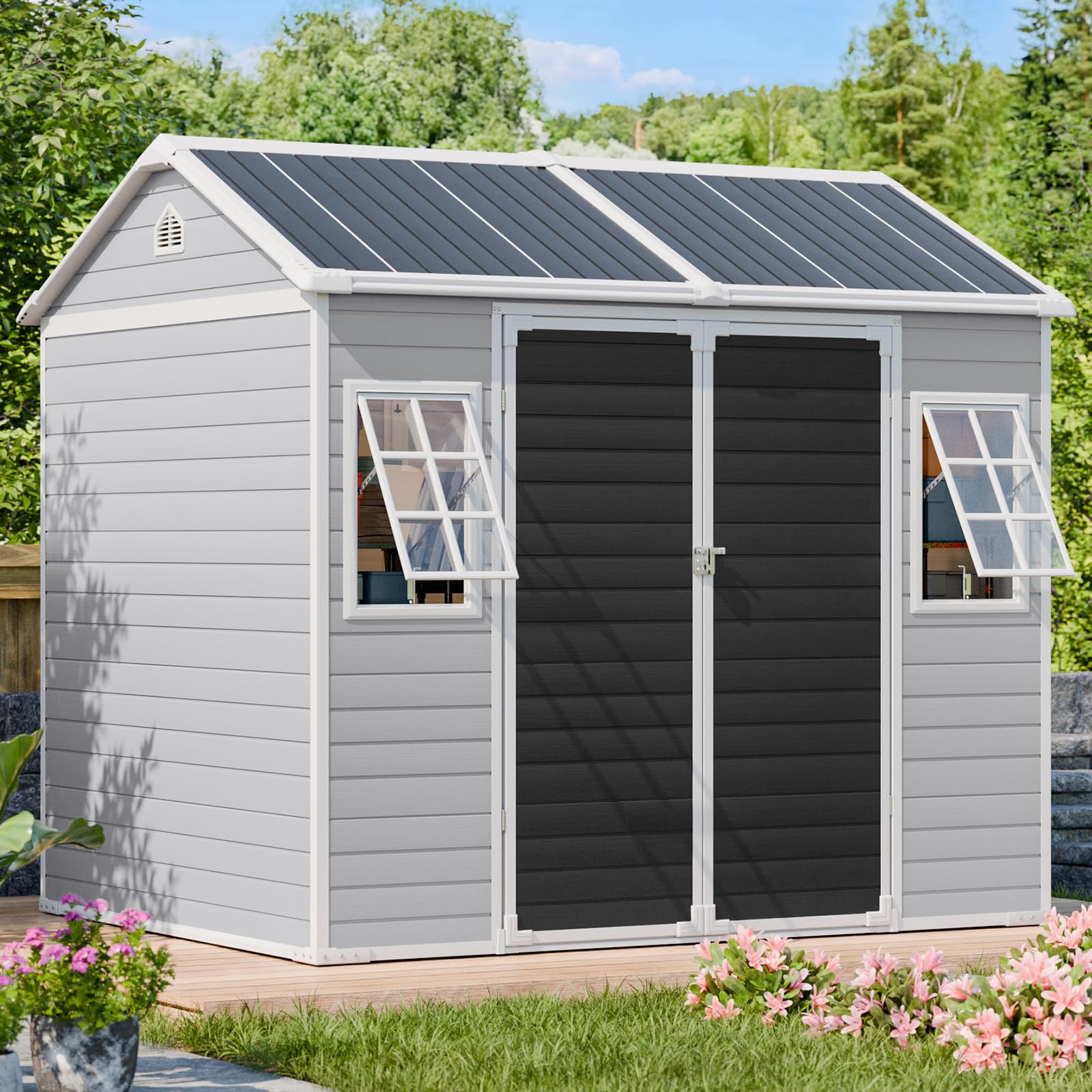 JULY'S SONG 8x6 Outdoor Storage Shed with Openable Windows, Heavy Duty Resin Sheds with Floor & Lockable Doors, Plastic Storage Cabinets for Outside, Grey