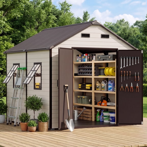 JULY'S SONG 8x8 FT Resin Outdoor Storage Shed with Floor, All-Weather Plastic Shed with Lockable Double Door & Windows, Maintenance-Free Storage Shed for Outdoor Garden, Beige&Coffee