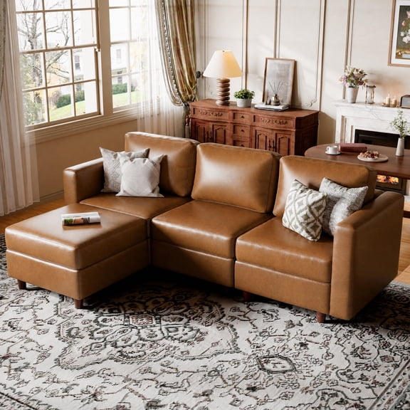 JULY'S SONG 91.5" Leather Modular Sectional Sofa with Storage Ottoman, Oversized L-Shaped Couch with Storage Seat, 4 Seater Couch for Living Room, Brown