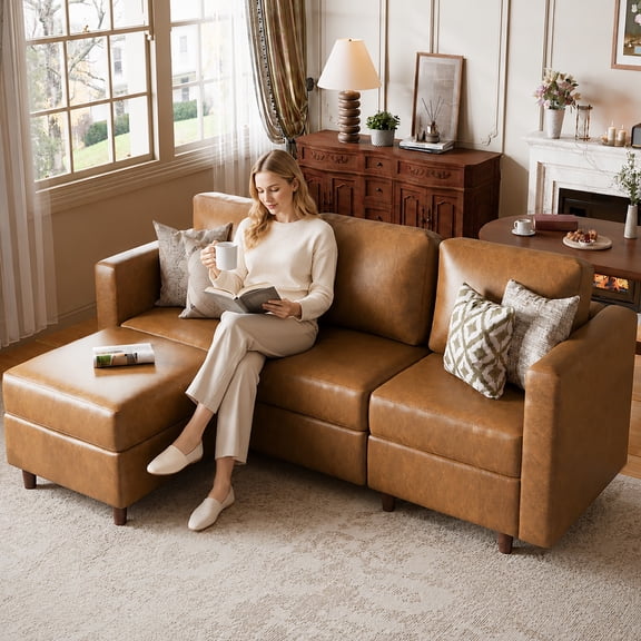 JULY'S SONG 91.5" Leather Modular Sectional Sofa with Storage Ottoman, Oversized L-Shaped Couch with Storage Seat, 4 Seater Couch for Living Room, Brown