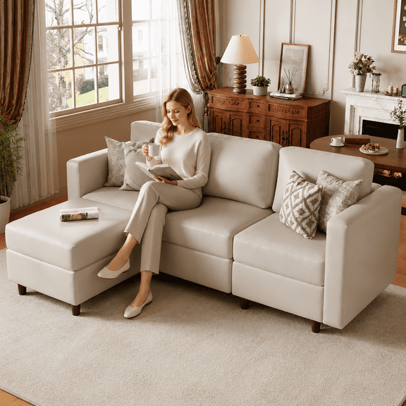 JULY'S SONG 91.5" Leather Modular Sectional Sofa with Storage Ottoman, Oversized L-Shaped Couch with Storage Seat, 4 Seater Couch for Living Room, Grey
