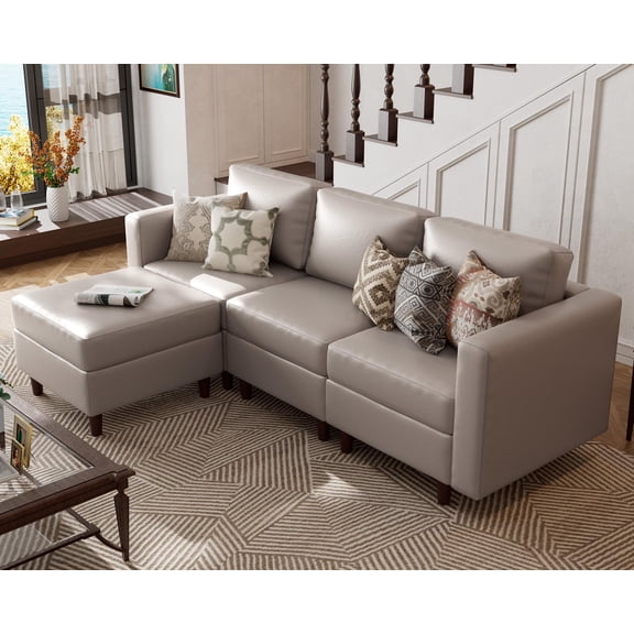 JULY'S SONG 91.5" Leather Modular Sectional Sofa with Storage Ottoman, Oversized L-Shaped Couch with Storage Seat, 4 Seater Couch for Living Room, Grey