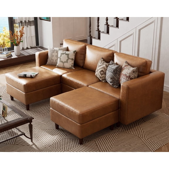 JULY'S SONG 91.5" Leather Modular Sectional Sofa with Storage Ottoman, Oversized U-Shaped Couch with Storage Seat, 5 Seater Couch for Living Room, Brown