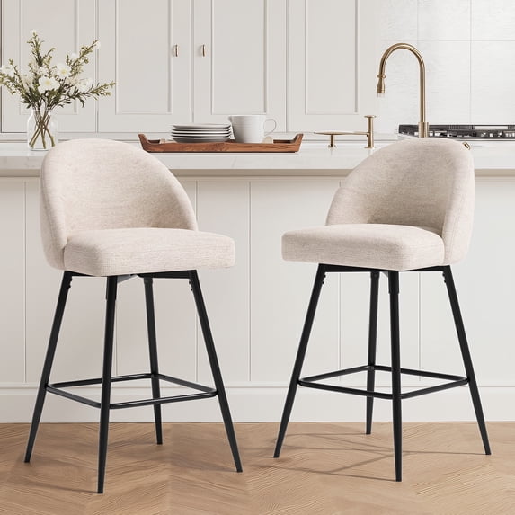 JULY'S SONG Counter Height Bar Stools with Back Sets of 2, 360°Swivel Upholstered Barstools with Metal Legs, 27" Seat Height Bar Stool for Kitchen Island, Beige