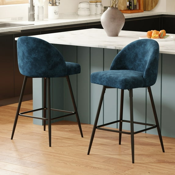 JULY'S SONG Counter Height Bar Stools with Back Sets of 2, 360°Swivel Upholstered Barstools with Metal Legs, 27" Seat Height Bar Stool for Kitchen Island, Fabric in Navy Blue