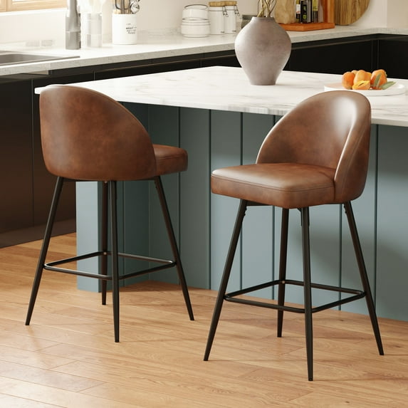 JULY'S SONG Counter Height Bar Stools with Back Sets of 2, 360°Swivel Upholstered Barstools with Metal Legs, 27" Seat Height Bar Stool for Kitchen Island, Faux Leather in Brown
