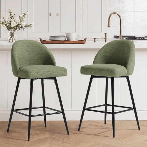 JULY'S SONG Counter Height Bar Stools with Back Sets of 2, 360°Swivel Upholstered Barstools with Metal Legs, 27" Seat Height Bar Stool for Kitchen Island, Green
