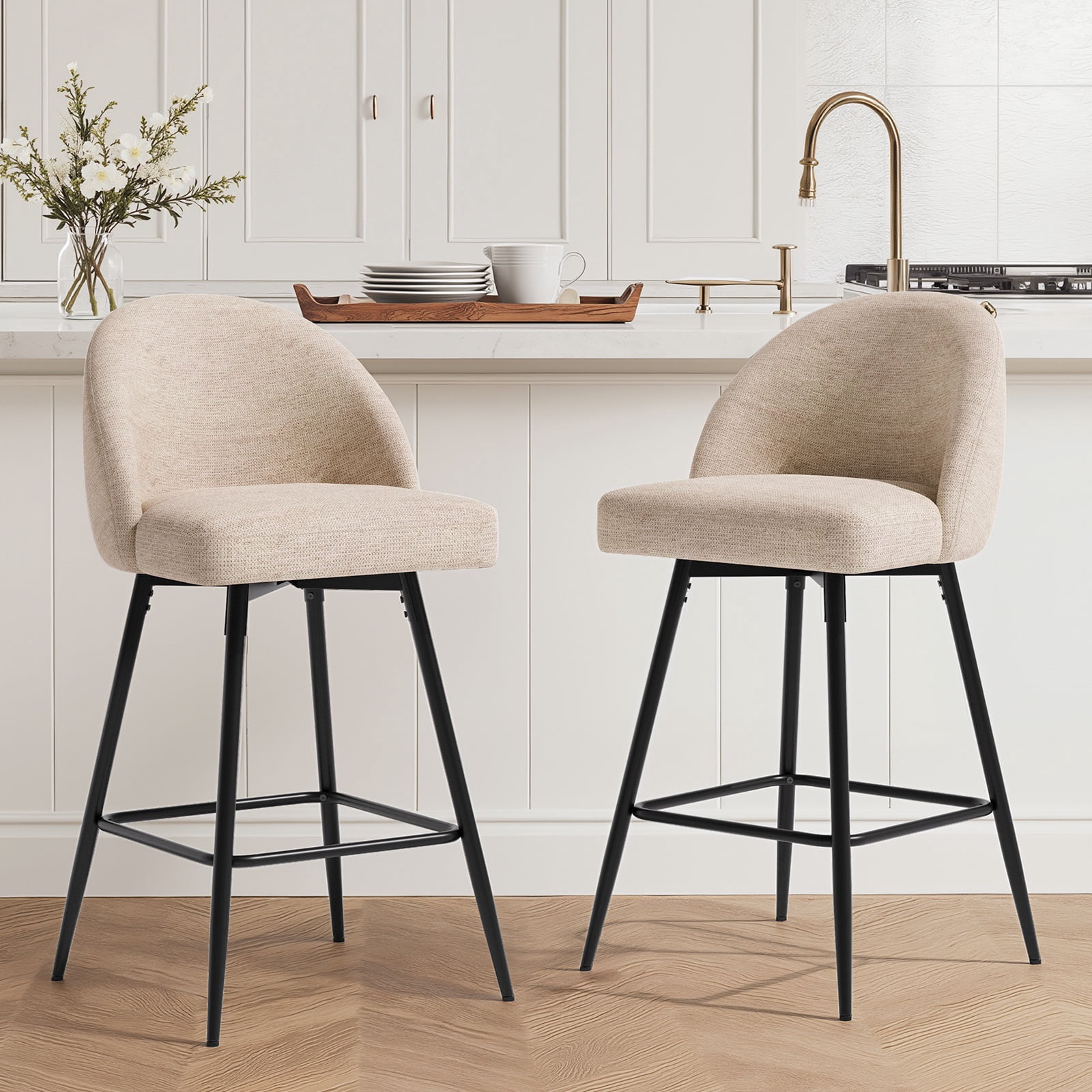 JULY'S SONG Counter Height Bar Stools with Back Sets of 2, 360°Swivel Upholstered Barstools with Metal Legs, 27" Seat Height Bar Stool for Kitchen Island, Light Flax