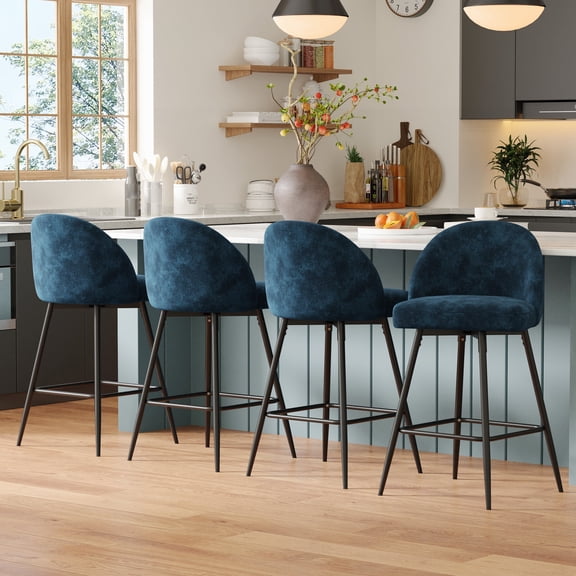 JULY'S SONG Counter Height Bar Stools with Back Sets of 4, 360°Swivel Upholstered Barstools with Metal Legs, 27" Seat Height Bar Stool for Kitchen Island, Fabric in Navy Blue
