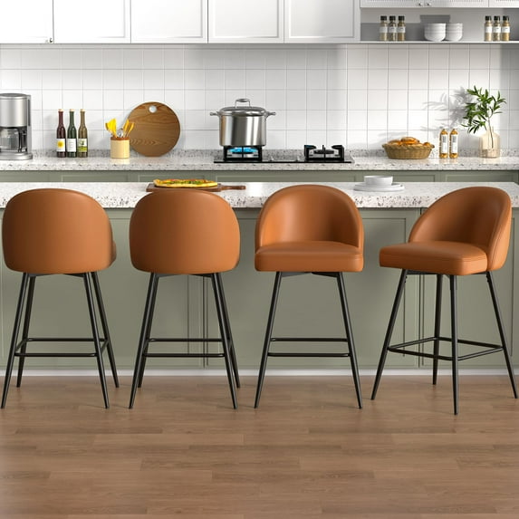 JULY'S SONG Counter Height Bar Stools with Back Sets of 4, 360°Swivel Upholstered Barstools with Metal Legs, 27" Seat Height Bar Stool for Kitchen Island, Faux Leather in Light Brown